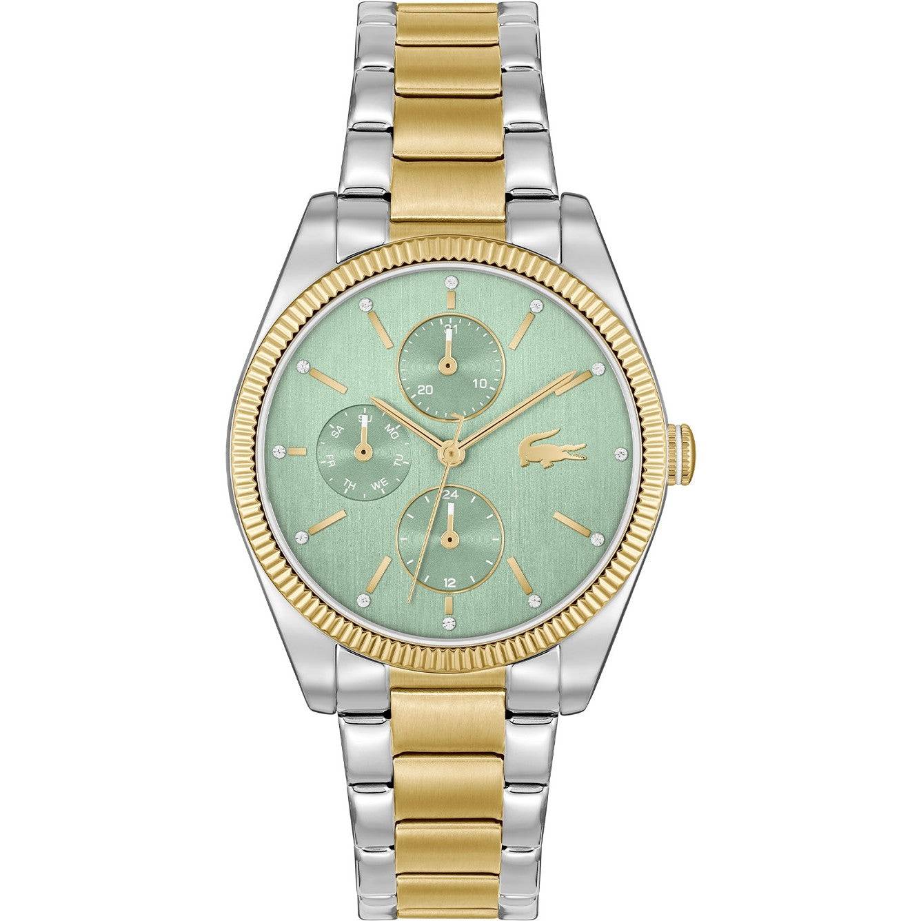 Lacoste Dameshorloge - LC2001364 Orsay 36mm met lichtgroene wijzerplaat, goud-zilveren RVS band en dag+datum functie, stijlvol en waterdicht.