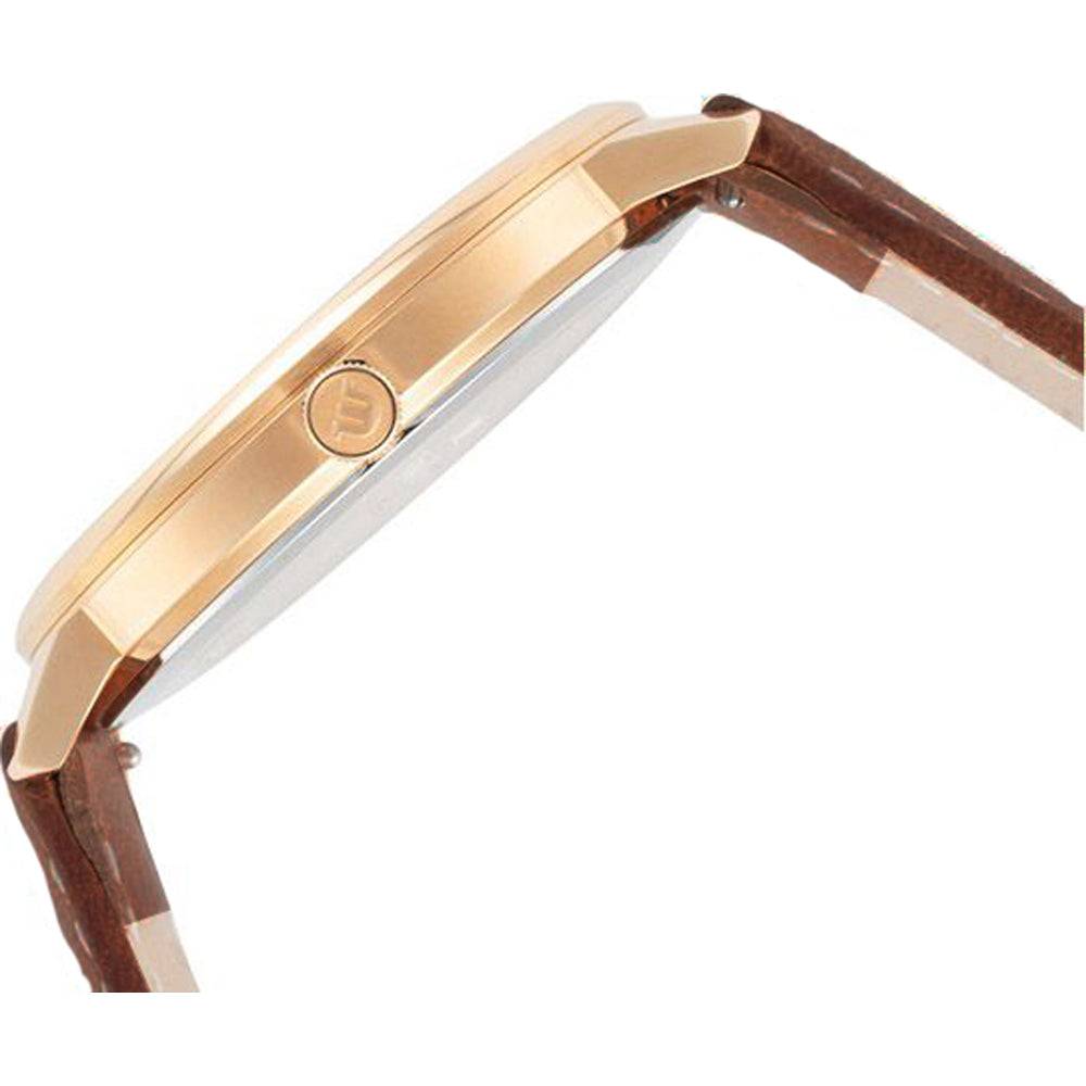 Zijaanzicht van de Maurice Lacroix Eliros EL1118-PVP01-112-1 herenhorloge met een slanke roségouden kast en bruine leren band.
