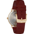 Achterzijde van de Maurice Lacroix Eliros EL1118-PVP01-112-1 herenhorloge met een stijlvolle rode leren band en roségouden gesp.