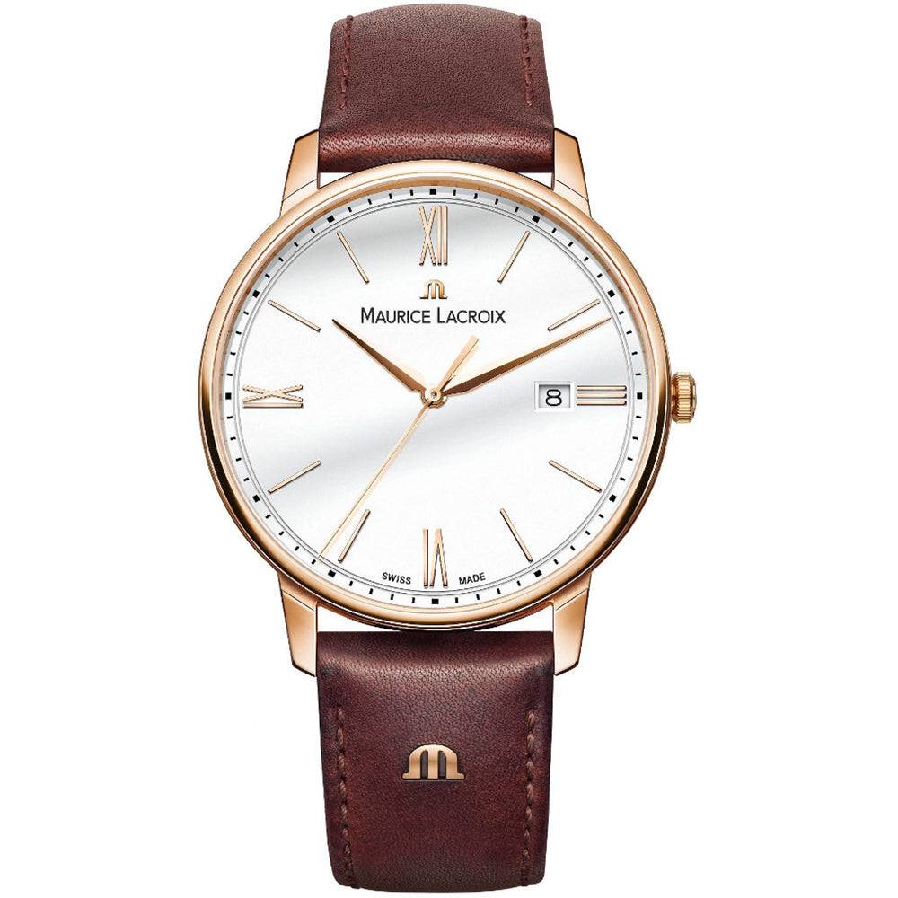 Maurice Lacroix Eliros EL1118-PVP01-112-1 herenhorloge 40mm met witte wijzerplaat, roségouden kast en bruin leren bandje. Elegant Swiss Made horloge.