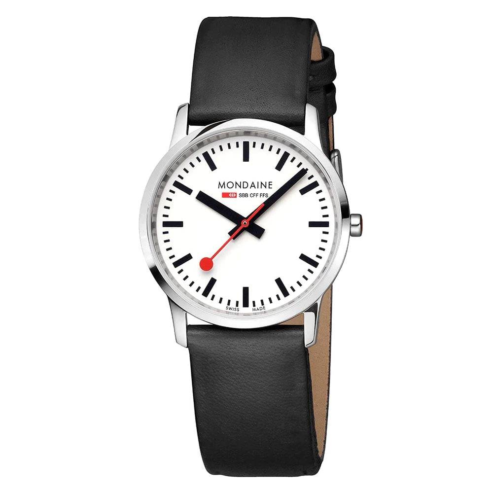 Mondaine Simply Elegant dameshorloge met een zwarte leren band en een 36mm roestvrijstalen kast. Zwitsers design met minimalistische wijzerplaat.