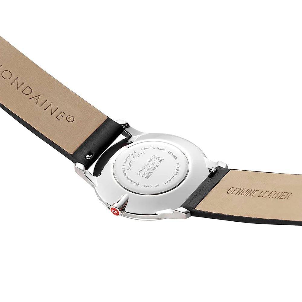Mondaine Simply Elegant dameshorloge met een zwarte leren band en een 36mm roestvrijstalen kast. Zwitsers design met minimalistische wijzerplaat.