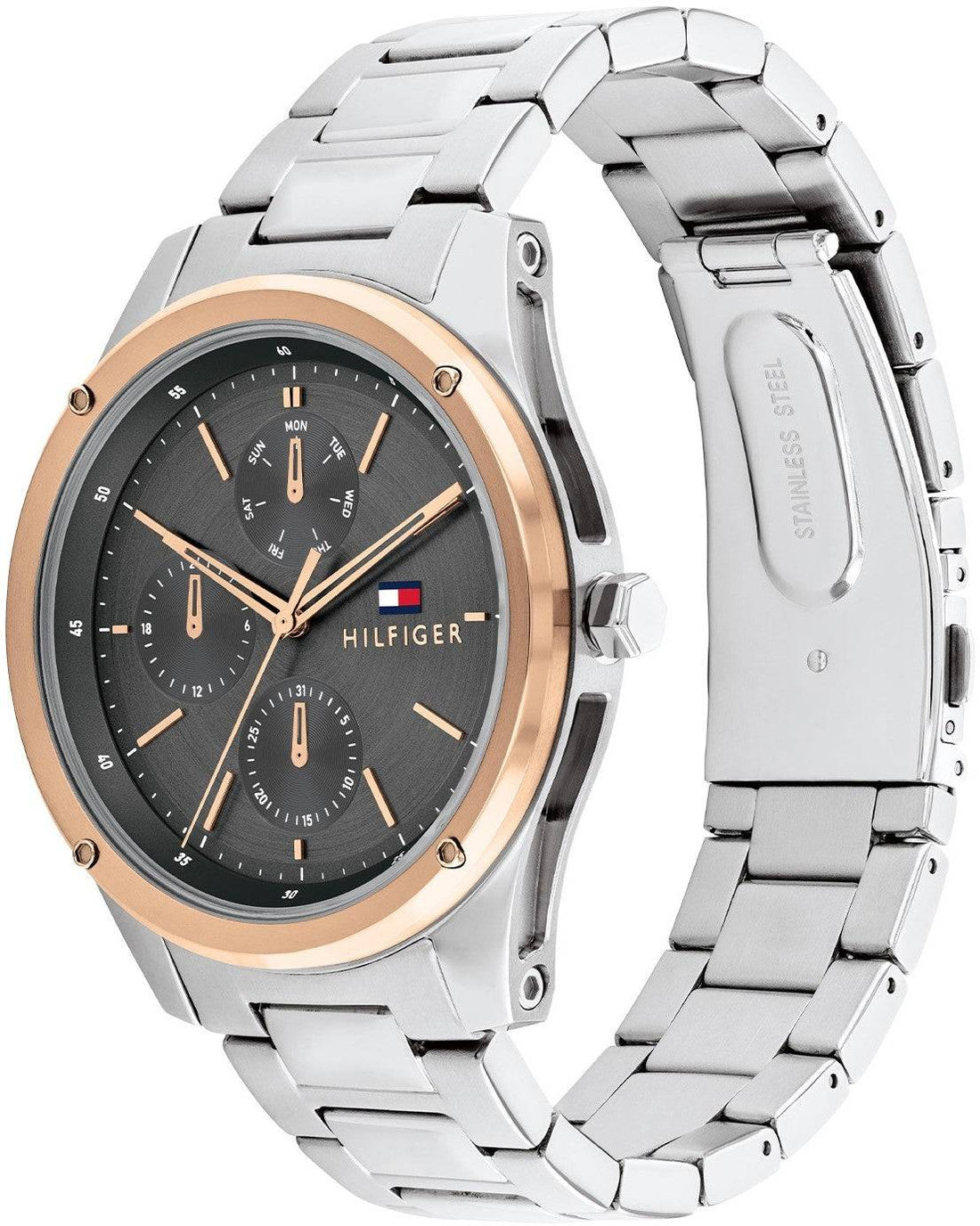Tommy Hilfiger TH1710541 herenhorloge 43mm met roestvrijstalen band en roségouden bezel, stijlvolle accessoire voor moderne heren.