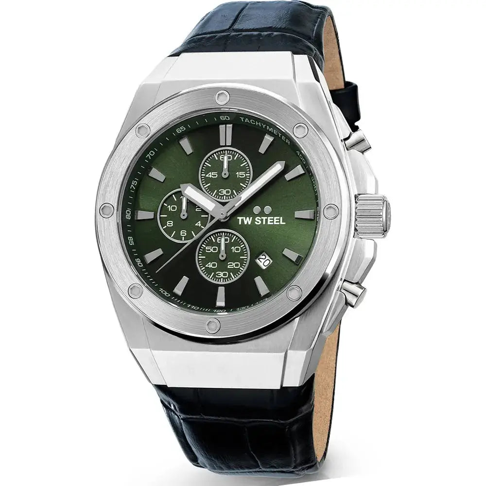 TW Steel CEO herenhorloge 44mm CE4101 met groene wijzerplaat, chronograaf en zwarte lederen band, ideaal voor stijlvolle gelegenheden.