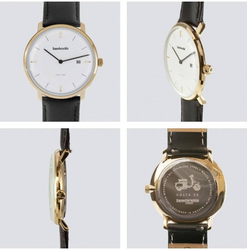Lambretta Volta 39 Leder Gold Weiß Schwarz Dresswatch Herrenuhr – 39 mm