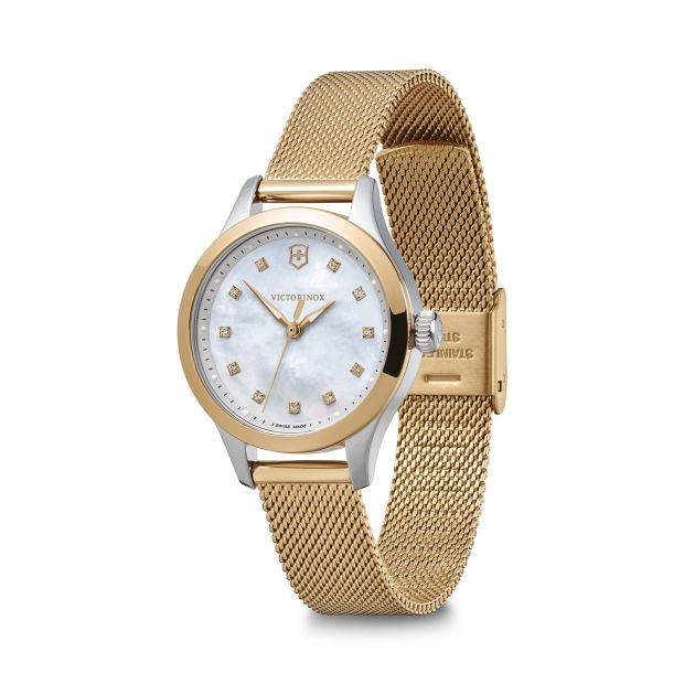 Victorinox Alliance 28mm-XS dameshorloge met goudkleurige mesh band en parelmoer wijzerplaat, Zwitserse precisie en elegante afwerking.